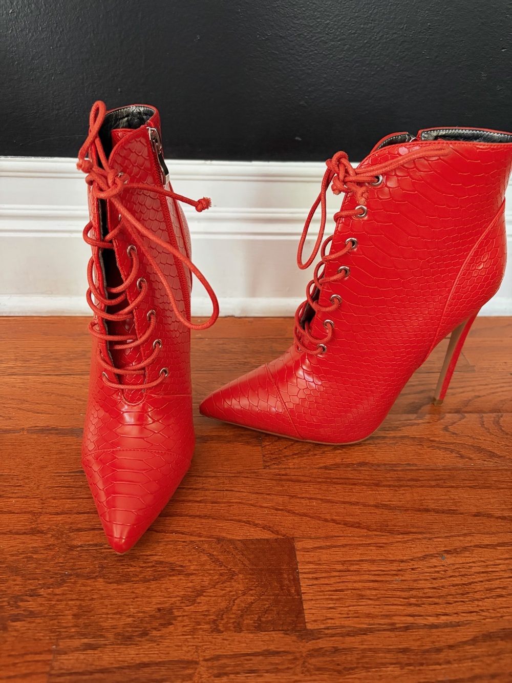 Red Lace-Up Pointed Toe Stiletto Ankle Boots